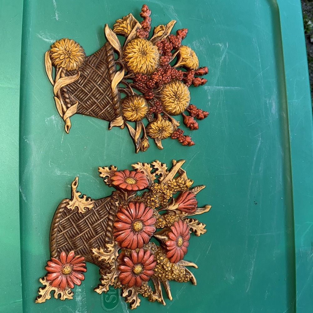 Burwood Products Floral Orange Yellow Brown Flower Pots Wall Decor (Set of 2)